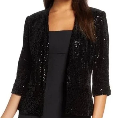 NWT Eliza J Womens Black Shimmer Sequined Ruched 3/4 Sleeve Blazer L LARGE - Image 1 of 4