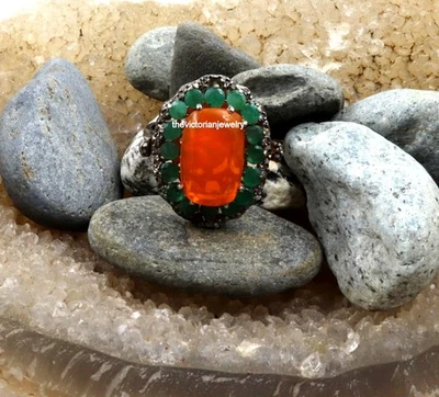 Anillo fino de plata de ley 925 con diamantes de corte único esmeralda de ópalo de fuego naranja regalo Foto 1 de 4