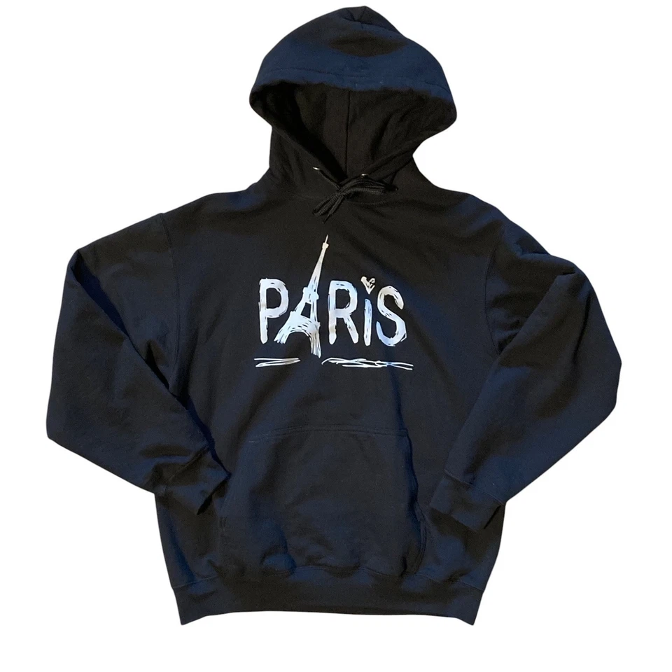Women's PARIS Fleece Hoodie Hooded Sweatshirt BLACK Eiffel Tower LARGE - Image 1 of 1