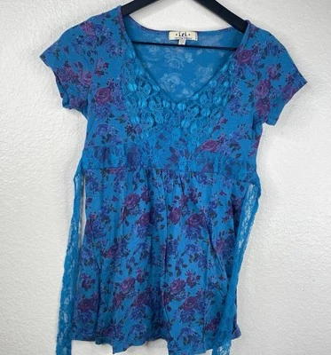 LEI Top Juniors Blue Sz XL Babydoll Dark Floral Tie Back Lace Cottage Core Y2K - Image 1 of 4