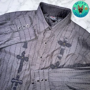 Fender Shirt Mens XL Western Gray Cross Embroidered Snap Up Grunge Guitar Cowboy - Picture 1 of 11