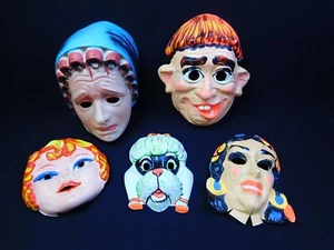 5 Vtg Halloween Plastic Vacuform 1970s Mask Curler Woman Bowl Cut Man Dog Gypsy - Picture 1 of 23