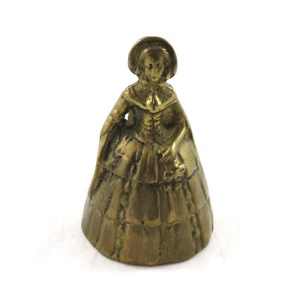 Vintage Brass Lady Figurine Hand Bell Victorian Dress Bonnet Hoop Skirt 3.75" - Picture 1 of 6
