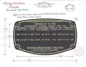 Dodge Brothers Truck Firewall brass data plate acid etched 1920s - 1930s - Picture 1 of 1