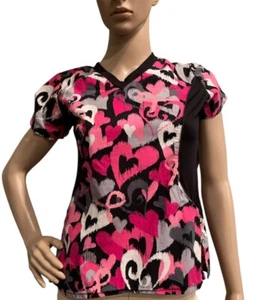 White Cross Ribbon Hearts Medical Nurse CNA Scrub Top Shirt Pink X Small - Picture 1 of 5