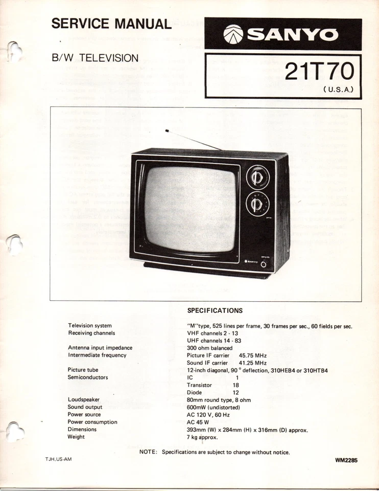Lot 2 Service Manual for Sanyo 21T70, 21T70AN Black & White B/W Television TV - Image 1 of 1