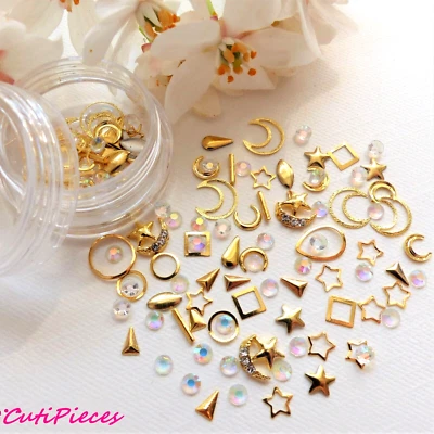 3D Nail Art Gold Moon Sun Stars Rhinestones Frames Stud Pot Manicure Gem Tip WH2