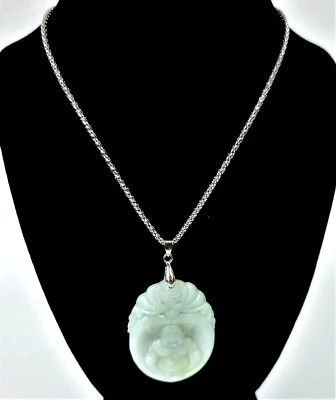 Nuovo Color Argento Catena,Intagliato Luce Giada Verde Pietra Buda - Immagine 1 di 4