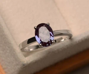 925 Sterling Silver 8*10 MM Oval Cut Alexandrite Gemstone Prong Ring - Picture 1 of 3
