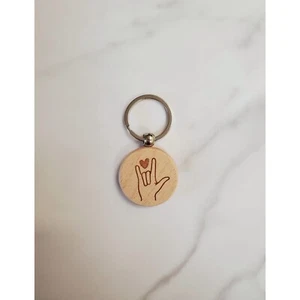 Schlüsselanhänger Ich liebe dich in Gebärdensprache | Gravur 1,5" rund unbehandeltes Holz - Bild 1 von 6