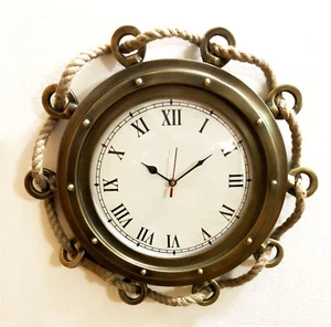 16" Antique Marine Jute Rope Ship Porthole Clock Nautical Wall Clock Home Decora - Picture 1 of 6