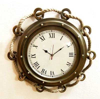 Antiguo reloj de pared náutico de 16" con cuerda de yute marino barco ojo de buey decoración del hogar Foto 1 de 4