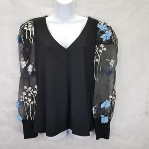 Boston Proper Blouse Sz L 3-D Floral Embellished Organza Sheer Puff Sleeve Black - Picture 1 of 16