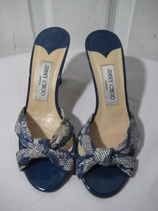 JIMMY CHOO Blue & Beige Criss Cross Open Toe Slide Sandals Shoes Size 37.5 - Picture 1 of 15