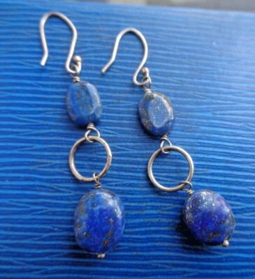 Vintage Argento & Lapislazzuli Orecchini a Goccia C.1970s Ganci per con Foro - Immagine 1 di 4