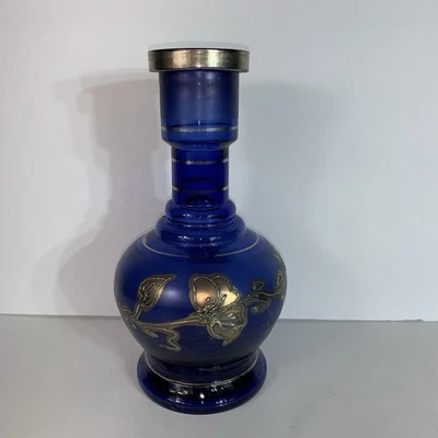 Jarrón base cachimba de vidrio vintage azul cobalto estilo bohemio base cachimba borde dorado Foto 1 de 4