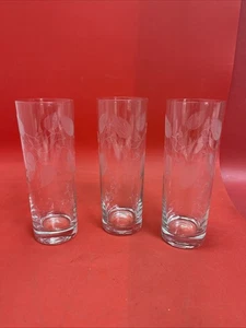 Vintage Etched Highball Glasses – Floral Design – Set of 3 -8”Tall - Picture 1 of 7