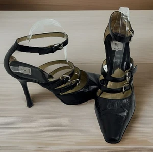 Bäcker Leder Heels glänzend schwarz eckige Zehenpartie Goth ägyptische Hexe Riemchen US 9 B - Bild 1 von 9