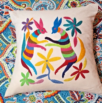 Mexico Otomi Embroidered Pillow Handmade Tenango 17" x 17" - Image 1 of 4