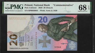 Poland 20 Zl 2020 PMG 68 EPQ UNC Commemorative Wmk ; Arms & 1920 Niepodleglosc - Image 1 of 4