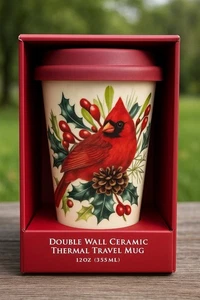 NWT Lenox Cardinal Double Wall Ceramic Thermal Travel Mug 12oz Holiday Winter - Picture 1 of 5