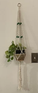Macrame Plant Hanger Retro Boho Style Green Wood Beads 40” NEW - Picture 1 of 5