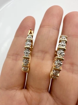 Ross Simons 925 sterling silver gold vermeil genuine diamond hoop Earrings - Image 1 of 4