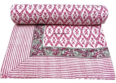 Colcha/cubierta hecha a mano de algodón Kantha indio, estampado Ikat rosa Foto 1 de 4