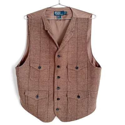 Polo Ralph Lauren Mens Vest XL Brown Lambswool Plaid Hunting Utility Waistcoat - Image 1 of 4