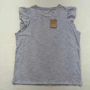 Boden Striped Top Womens Large Black White Ruffle Short Sleeve Crew Neck T-shirt - Picture 1 of 8