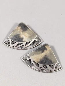 Silver Tone Gray Open Work Triangle Enamel Retro Pierced Earrings - Picture 1 of 5