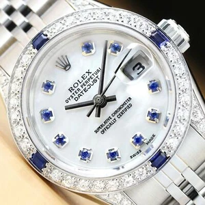 ROLEX LADIES DATEJUST 69174 M.O.P. SAPPHIRE DIAMOND 18K WHITE GOLD/SS WATCH - Picture 1 of 7