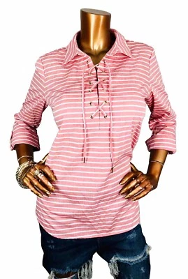 Blusa Camisa Anne Klein M Top Rayas Con Cordones Logo O Anillos Rosa Blanca Manga 3/4 Foto 1 de 4
