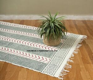 3.5X6 ft White Dabu Cotton Block Print Area Accent Dhurrie Rug Hand Woven Throw
