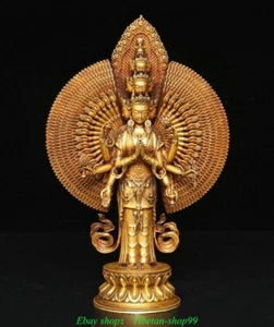 Statua Buddha Avalokiteshvara Kwan-yin bronzo viola oro 1000 braccia 9'' - Foto 1 di 9