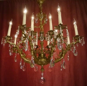 ANTIQUE LARGE CHANDELIER CRYSTAL 16 LAMP 2 TIERS BRONZE FIXTURES Ø 39" - Picture 1 of 13