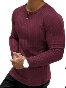 Men's Full Size Ribbed Round Neck Long Sleeve T-Shirt Plus Size - Picture 1 of 32