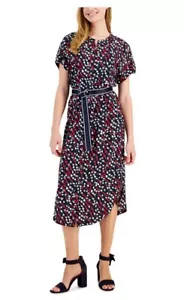 Tommy Hilfiger Women Ditsy Floral Red White Blue Midi Dress Belted Medium - Picture 1 of 9