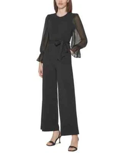 Calvin Klein Crewneck Chiffon Flare-Leg Jumpsuit Black L7324 Womens Size 8 - Picture 1 of 6