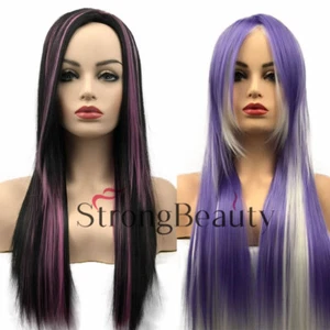 Long Black Mixed Pink Straight Hair Wig Ombre Purple Cosplay Fashion Ladies Wigs - Picture 1 of 11