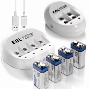 EBL 9V 600mAh Li-ion Rechargeable Batteries 9Volt Battery USB Charger Lot - Picture 1 of 29