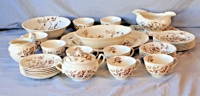 Vintage Johnson Bros Windsor Ware Brown Floral Transferware Dinner Set England - Image 1 of 4