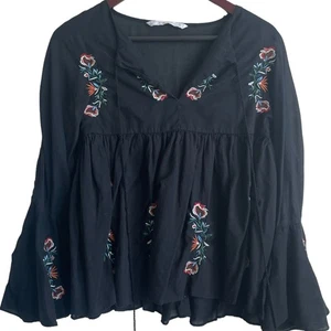 Zara Women Top XS Babydoll Embroidered Floral Boho Hippie Peasant Whimsigoth Y2K - Picture 1 of 7
