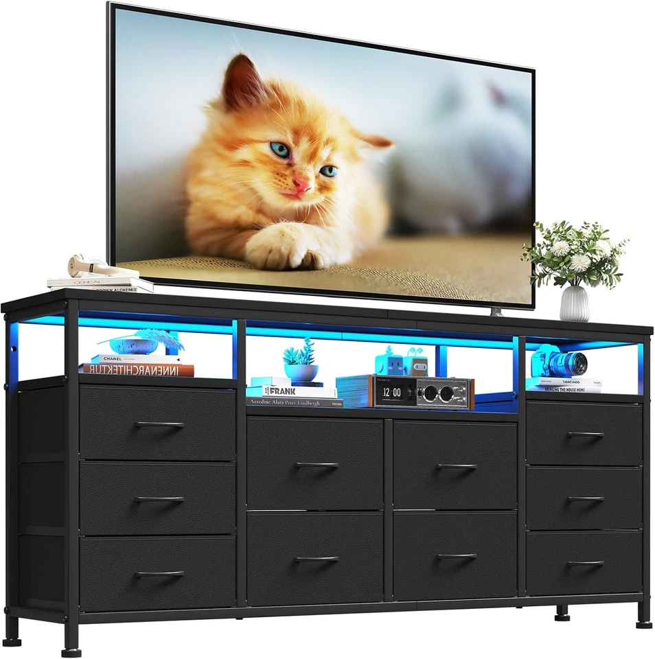 Suporte de TV cômoda com 10 gavetas, 63 polegadas de comprimento preto cômoda centro de entretenimento - Imagem 1 de 4