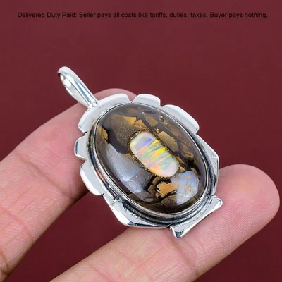 925 Sterling Silver Ethopian Opal In Boulder Opal Gemstone Bezel Ethnic Pendant - Image 1 of 4