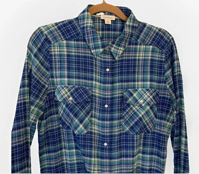 Sundance Shirt Pearl Snap Western Cowgirl Blouse Womens Medium Blue Green Plaid - Image 1 of 4