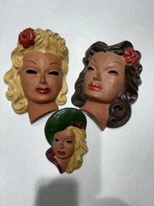 Vintage set of 3 Ladies Face Clay Wall Art 1950’s  - Picture 1 of 8