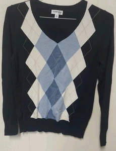 St Johns Bay Womens Argyle Sweater Black Knit Size Large V Neck - Picture 1 of 5