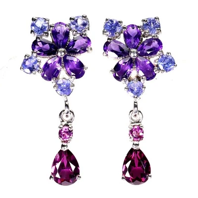 Pendientes de plata de ley 925 pera rodolita granate tanzanita piedras preciosas joyería Foto 1 de 4
