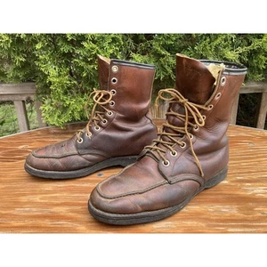 Size fits 10.5 D Moc Toe Faux Lined Brown Leather Lace up Boots Vintage 80s 90s - Picture 1 of 4